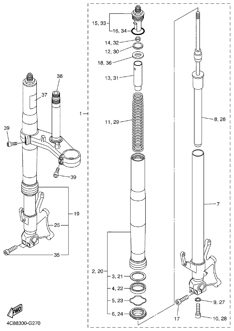 Yamaha R1 2008 FRONT FORK parts diagram